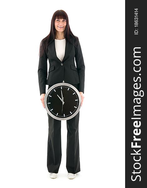 Businesswoman with clock, on white background.