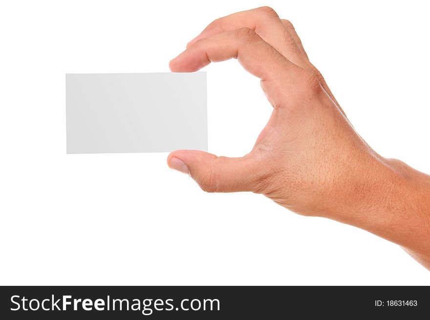 Hand holding a business card over white background