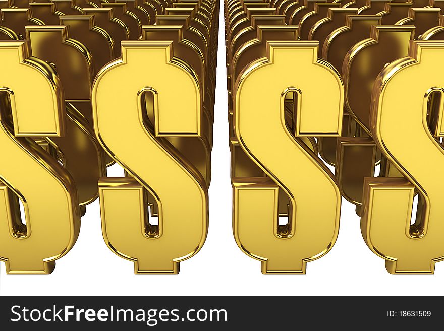 3d gold dollar symbols on white background. 3d gold dollar symbols on white background