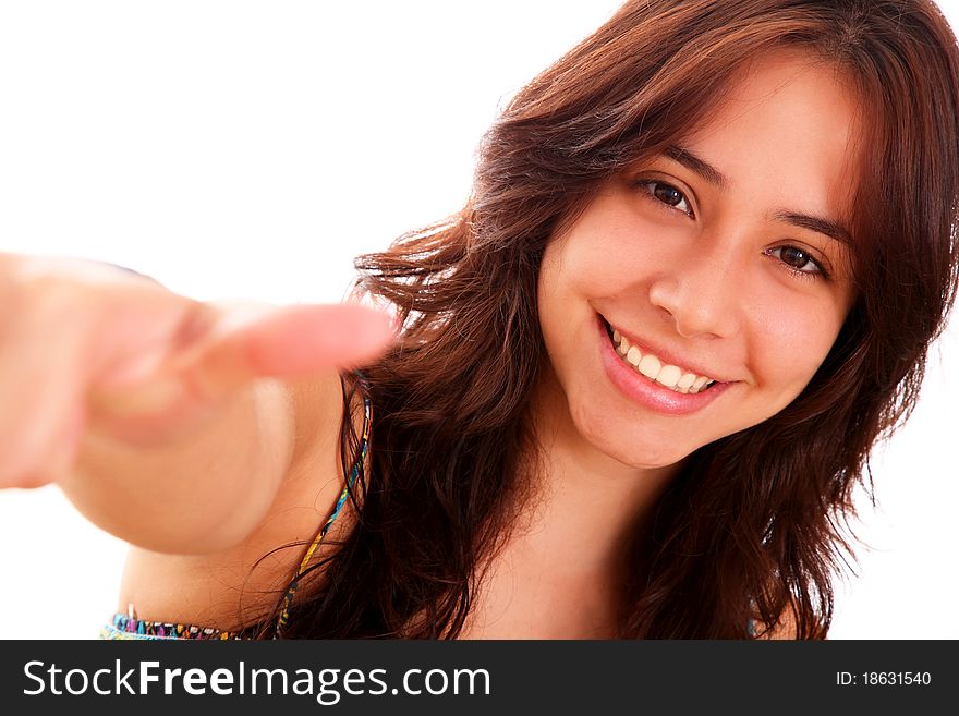 Beautiful woman making a thumbs up over white background