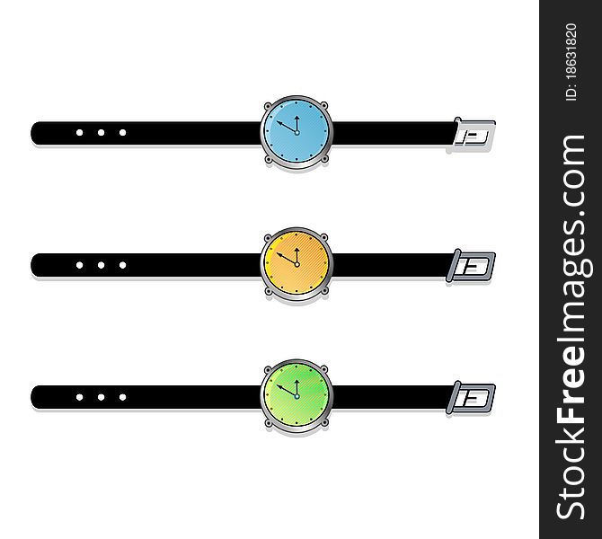 Glass  wrist watch set in green, blue, orange color