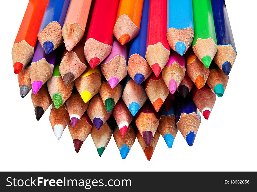 Variety of coloring pencils on white background. Variety of coloring pencils on white background