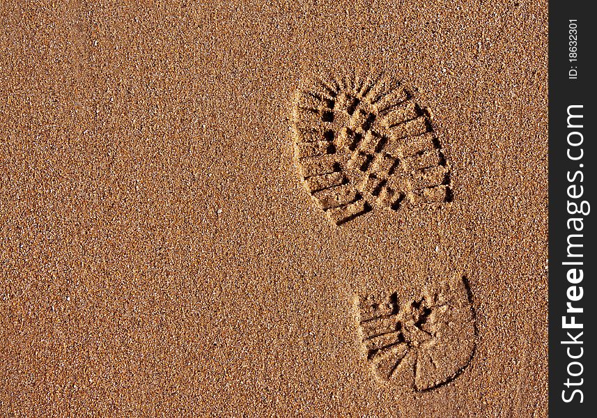 Footprint in the golden wet sand of a clean beach. Footprint in the golden wet sand of a clean beach