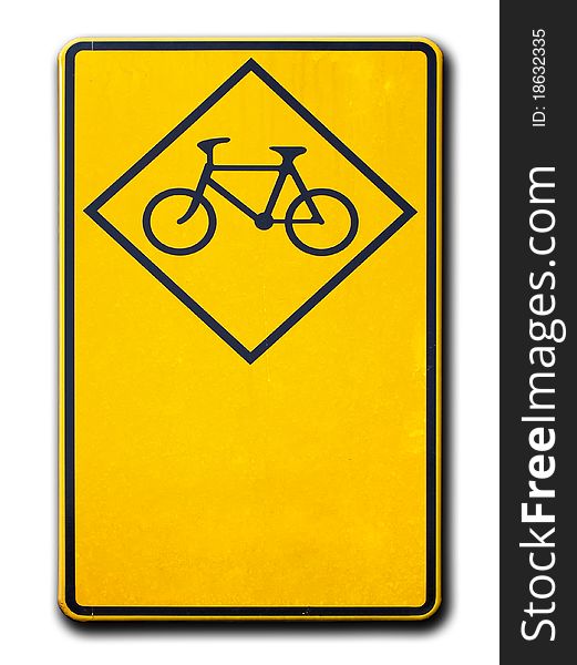 Yellow warning signs bicycle on white background