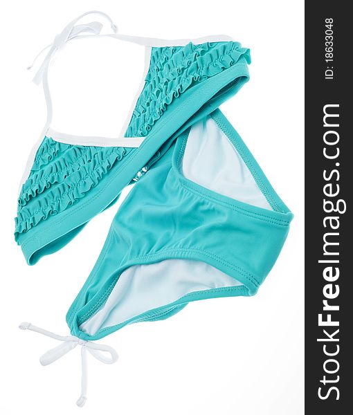 Summer Bikini Concept with Teal Ruffle Bathing Suit Isolated on White.