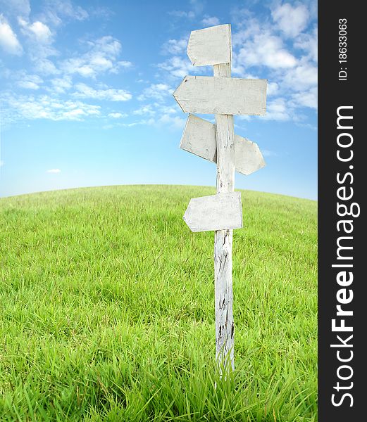 Wooden signpost with grass and blue sky