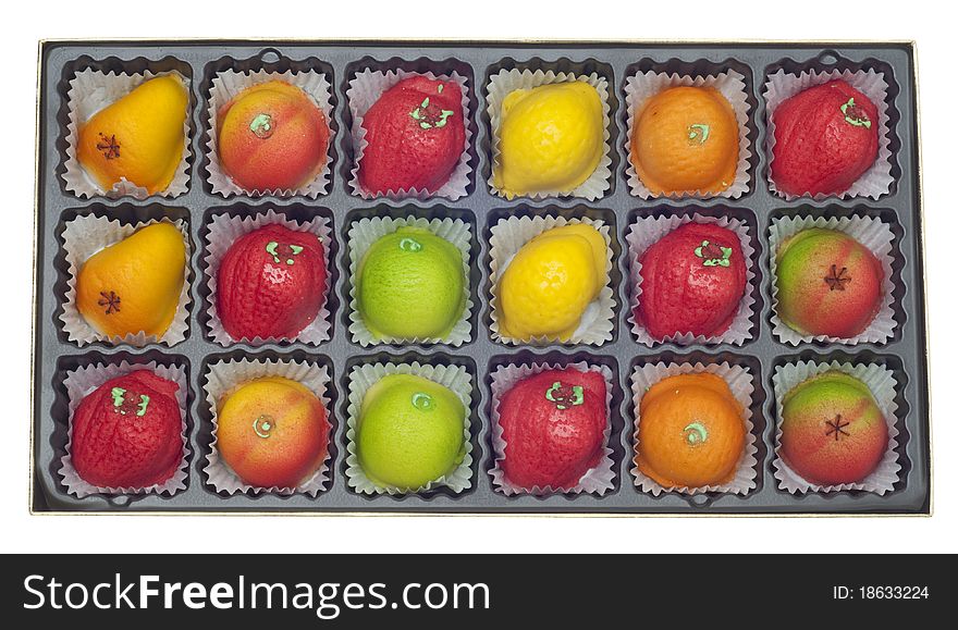 Colorful Marzipan in Fruit Shapes in a Box.