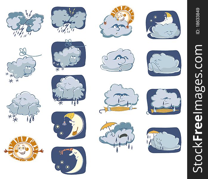 Signs for the weather in the cartoon style. Signs for the weather in the cartoon style
