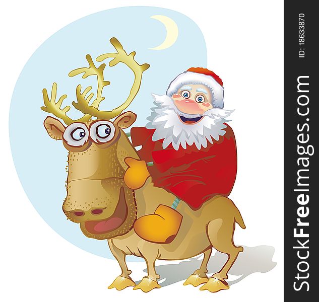 Winter. Joyful Santa Claus riding on a reindeer. Winter. Joyful Santa Claus riding on a reindeer