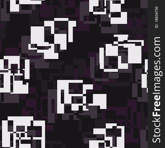 Seamless background with pixelated white shapes on black. Seamless background with pixelated white shapes on black.