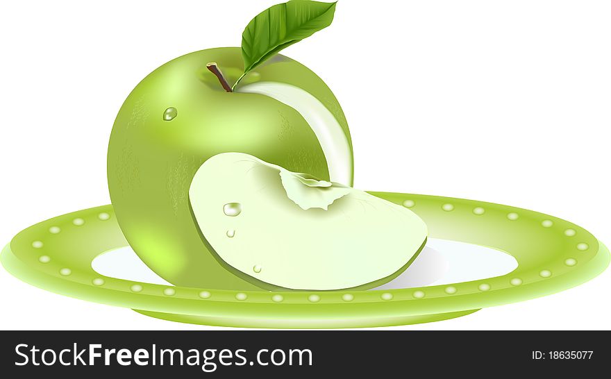 The green apple with the cut off segment lies on a plate.