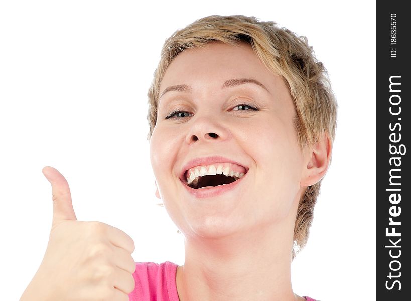 Beautiful short haired blonde woman laughing and making thumbs up gesture. Isolated on white background. Beautiful short haired blonde woman laughing and making thumbs up gesture. Isolated on white background