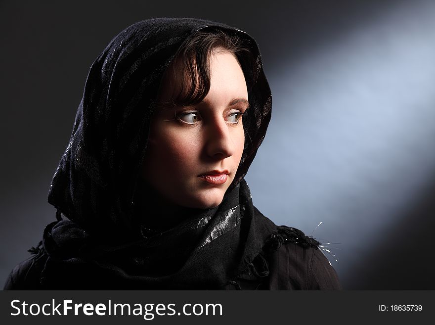 Beautiful Young Woman Wearing Headscarf In Church