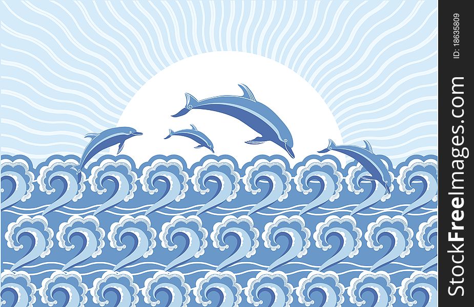 Vector Blue Dolphins Jumping In Sea In Sun Day