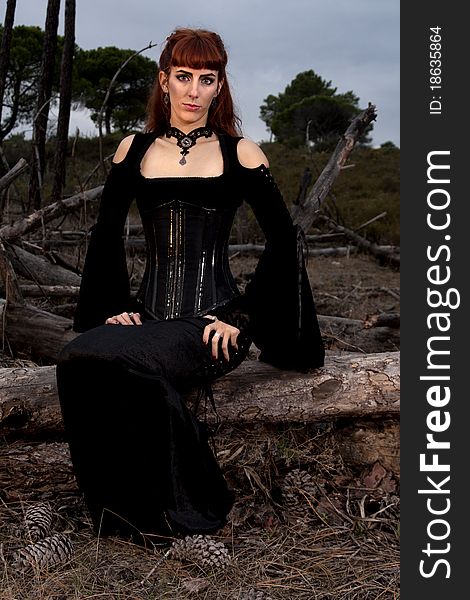 Dark gothic woman with dark clothes posing on the night forest. Dark gothic woman with dark clothes posing on the night forest.