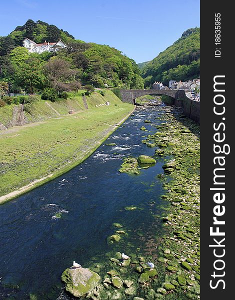 East Lyn river cascading through Lynmouth in Exmoor, North Devon. East Lyn river cascading through Lynmouth in Exmoor, North Devon