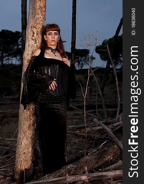 Dark gothic woman with dark clothes posing on the night forest. Dark gothic woman with dark clothes posing on the night forest.