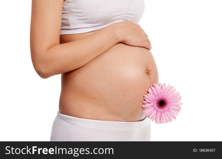 Pregnant woman with pink flower. Pregnant woman with pink flower