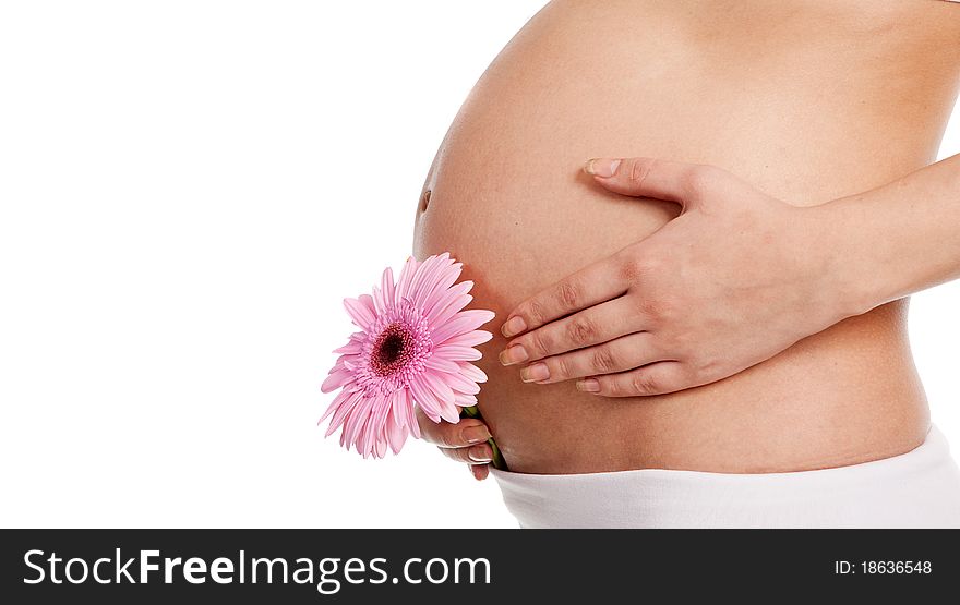 Pregnant woman with pink flower. Pregnant woman with pink flower