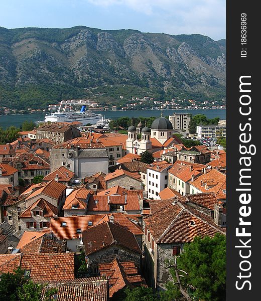 Kotor Harbour View with City Roofs. Kotor Harbour View with City Roofs