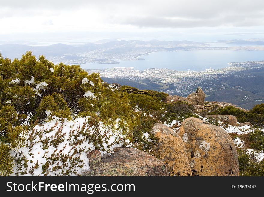 A view of the city of Hobart from atop Mount Wellington, Tasmania.