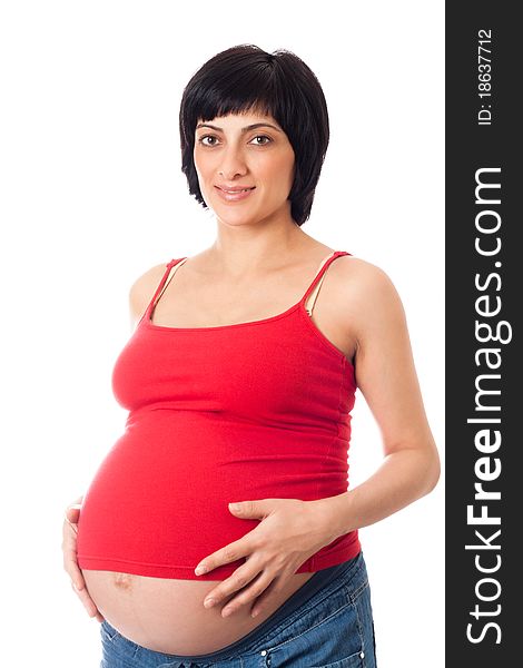 Smiling Pregnant Woman Over White Background