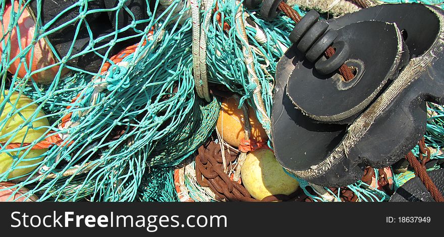 Many colorful  industrial fishing nets