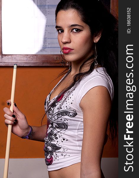Girl on a snooker table