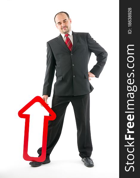 Successful businessman with red arrow suggestive of mountain, on white background. Successful businessman with red arrow suggestive of mountain, on white background.
