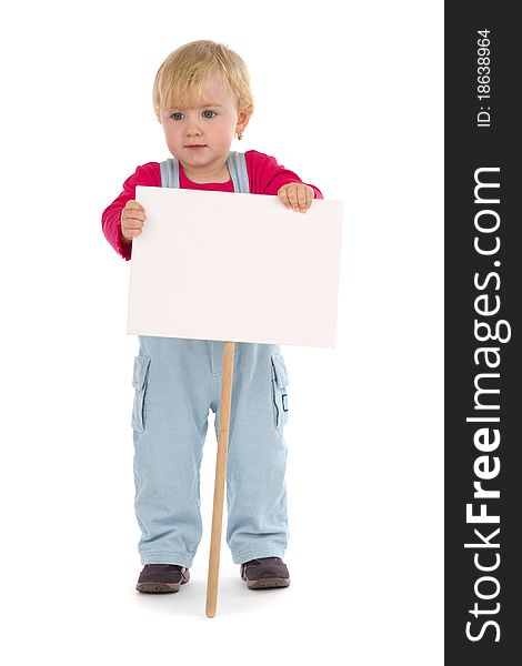 Child with blank table waiting for your sign, on white background.
