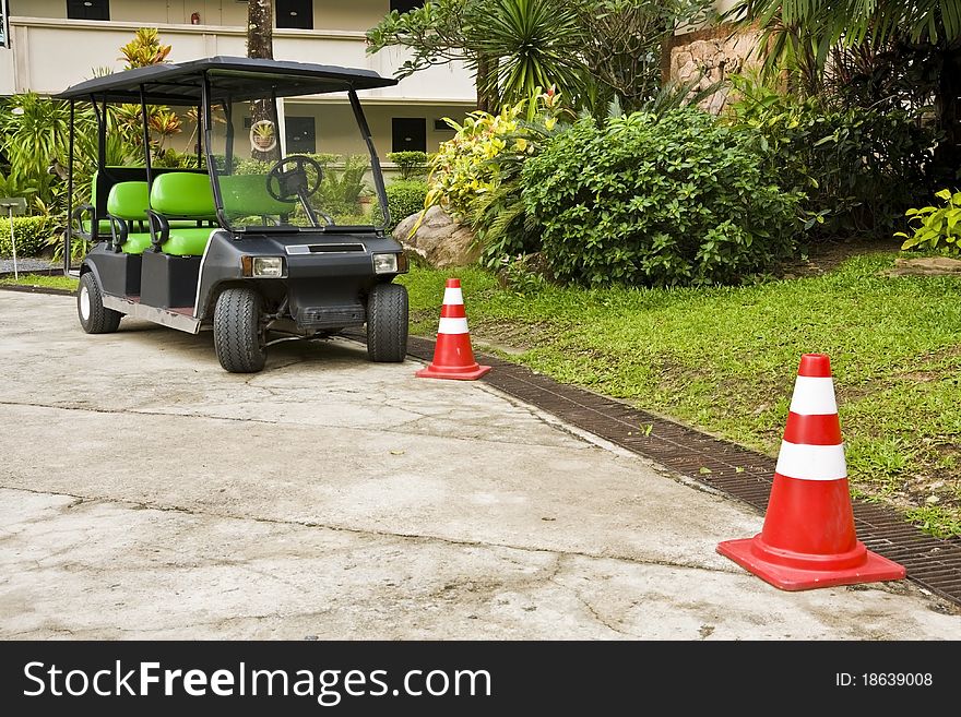 Golf cart in golf club.