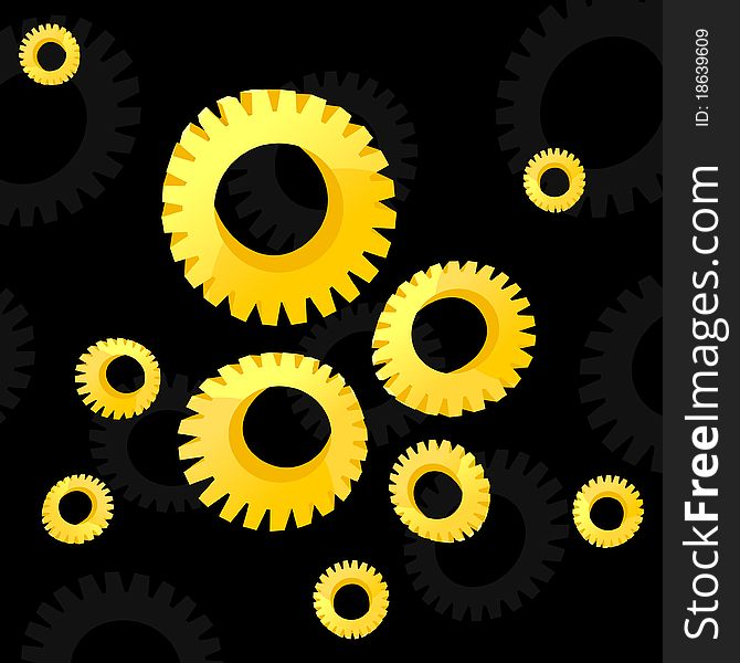 Gear wheels of gold colour on a black background. A  illustration. Gear wheels of gold colour on a black background. A  illustration