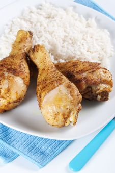 Roasted Chicken Legs With Boiled Rice Royalty Free Stock Photos