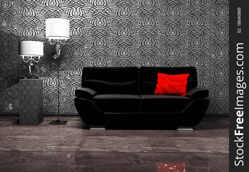 Modern interior design with a sofa and two floor lamps