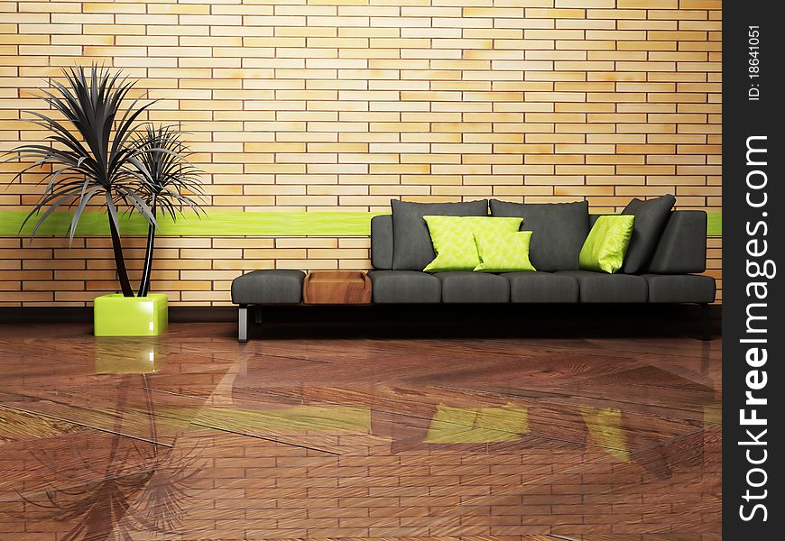 Modern interior design of living room with a sofa and a plant