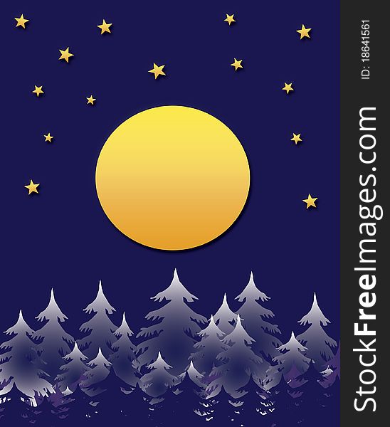 Golden moon hanging over pine forest illustration. Golden moon hanging over pine forest illustration