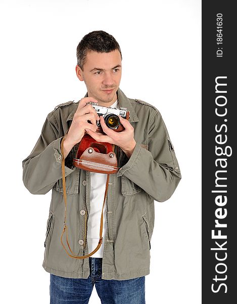 Young professional photographer with old retro film camera. isolated on white background. Young professional photographer with old retro film camera. isolated on white background