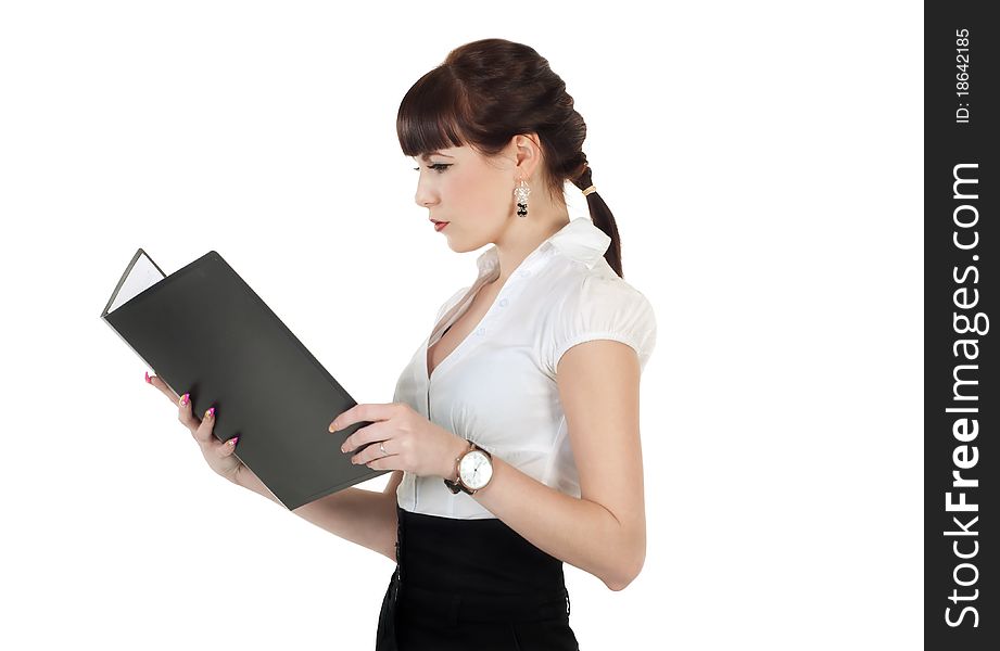 Portrait of business woman holding a folder isolated on white