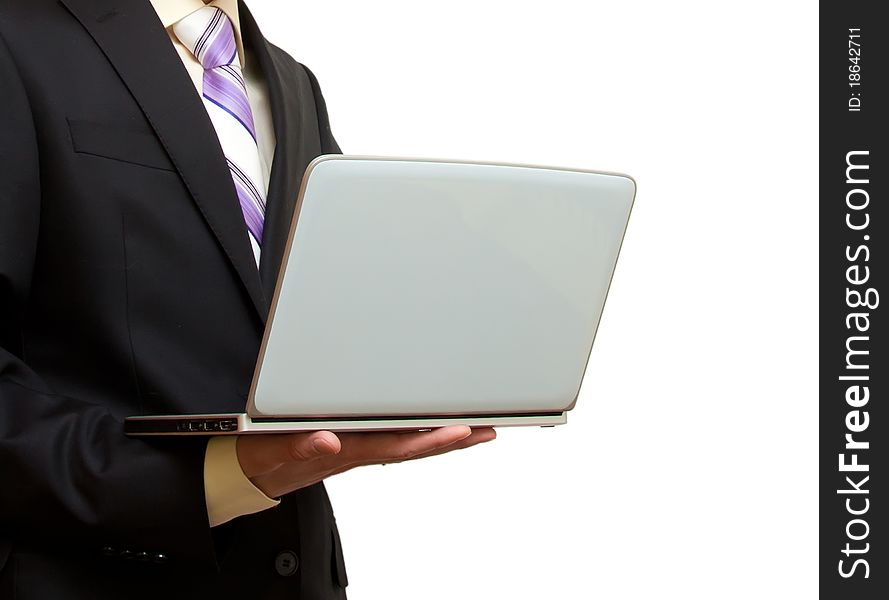 Businessman with hands laptop on a white background