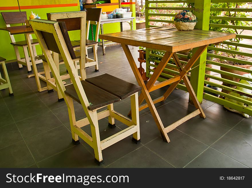 Wooden group of table and chiar for eat in dining room from top