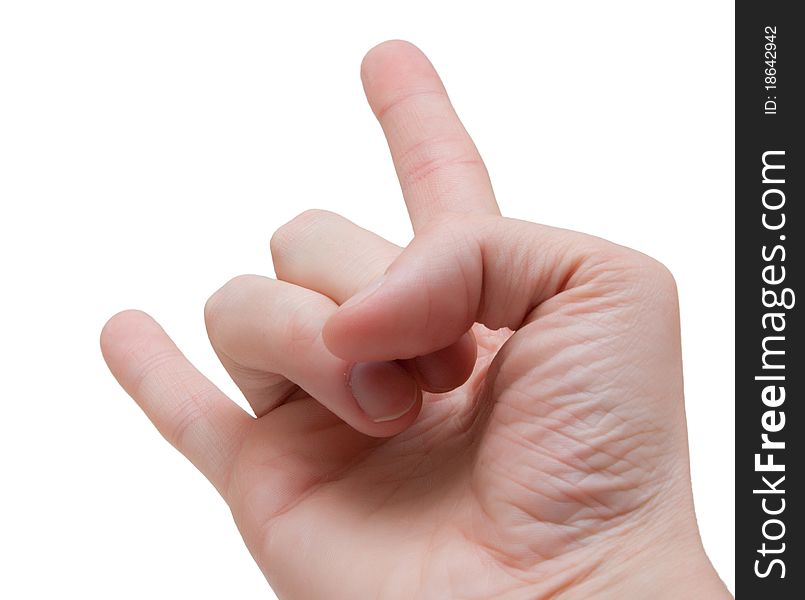 A man's hand giving the Rock and Roll sign on a white background. A man's hand giving the Rock and Roll sign on a white background