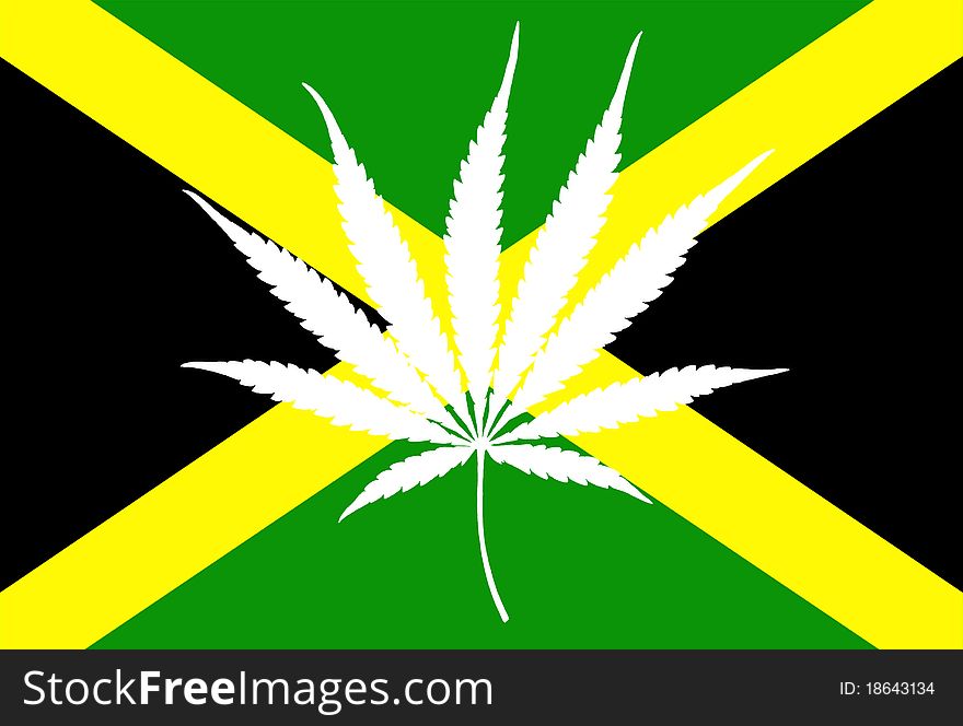Jamaican national flag with overlay of marijuana leaf symbolizing rastafarian culture. Jamaican national flag with overlay of marijuana leaf symbolizing rastafarian culture