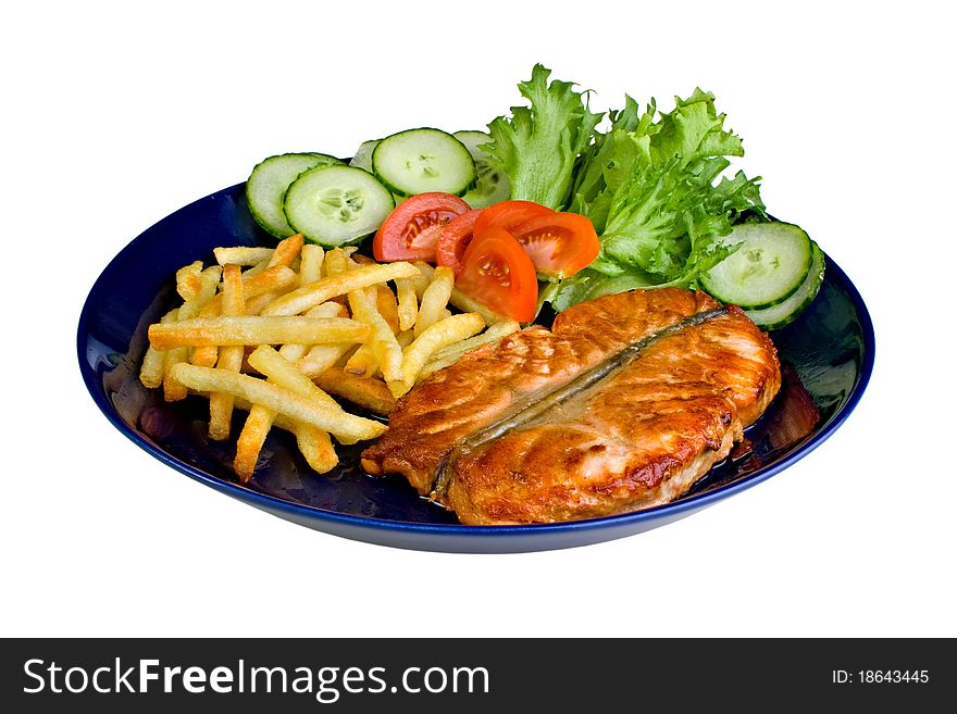 Photo from fried salmon with fries and salad. Photo from fried salmon with fries and salad.