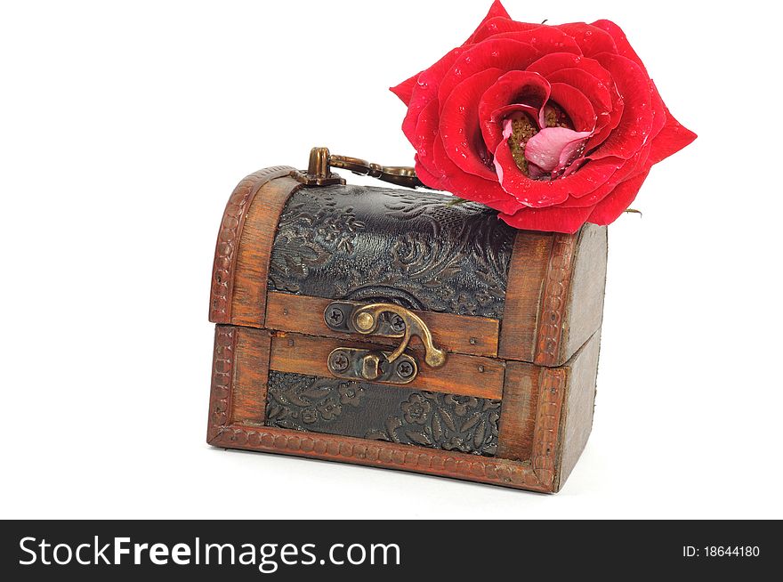 Wooden chest with red rose , isolated on white. Wooden chest with red rose , isolated on white