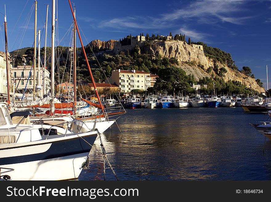 View to port and castle of Cassis, Provence, France