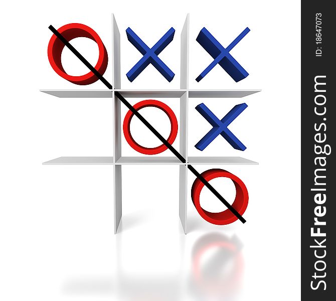 Tic Tac Toe game won with diagonal three red circles on white background. Tic Tac Toe game won with diagonal three red circles on white background