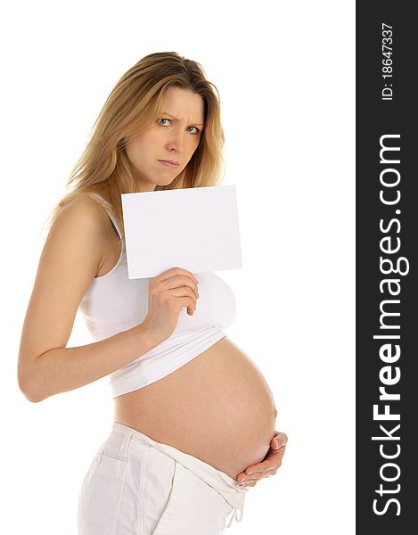 Dissatisfied pregnant woman with a blank form is isolated on a white. Dissatisfied pregnant woman with a blank form is isolated on a white