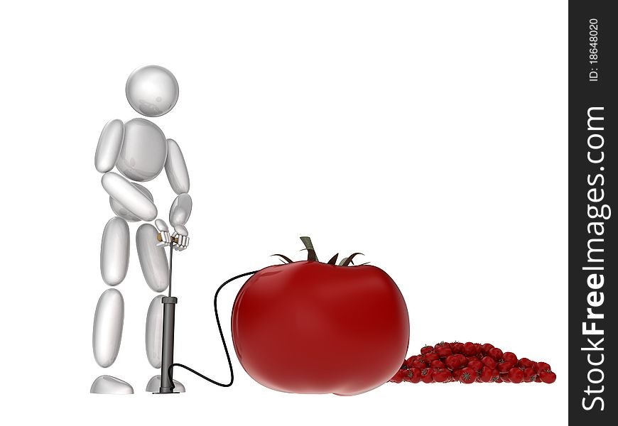 Character pumps full a tomato with pesticides. Character pumps full a tomato with pesticides