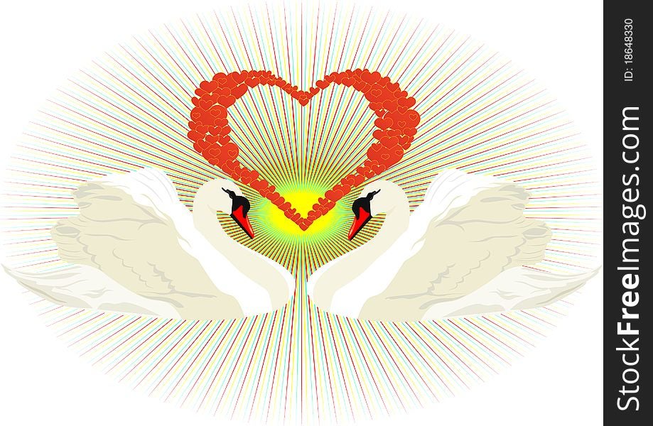Abstract heart of many hearts, and two white swans. Abstract heart of many hearts, and two white swans