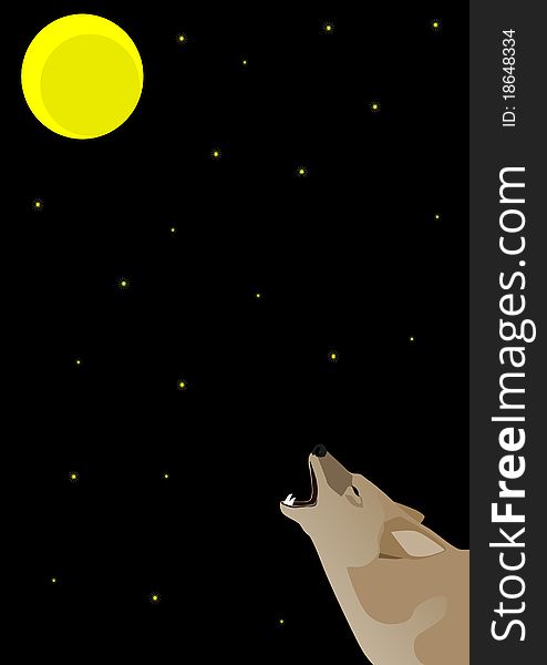 Night starry sky and moon. Wolf howling at the moon